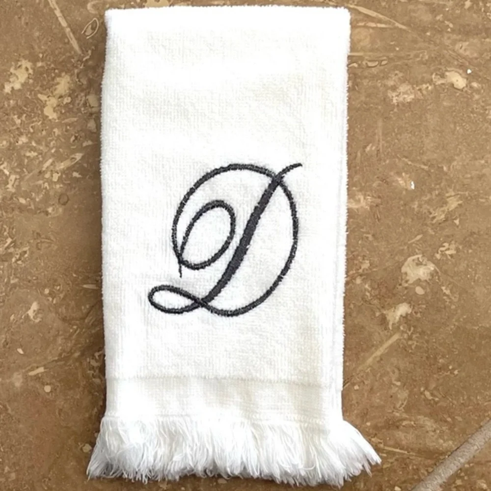 5 for $25! Monogram D White Hand Towel with Fringed Edge